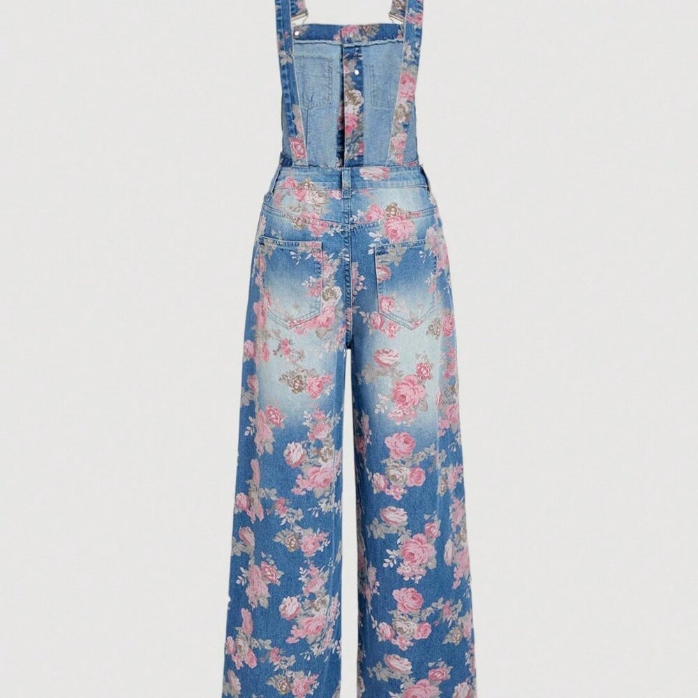 Medium Wash Boho Women's Floral Denim Jumpsuit - Picture 2 of 4